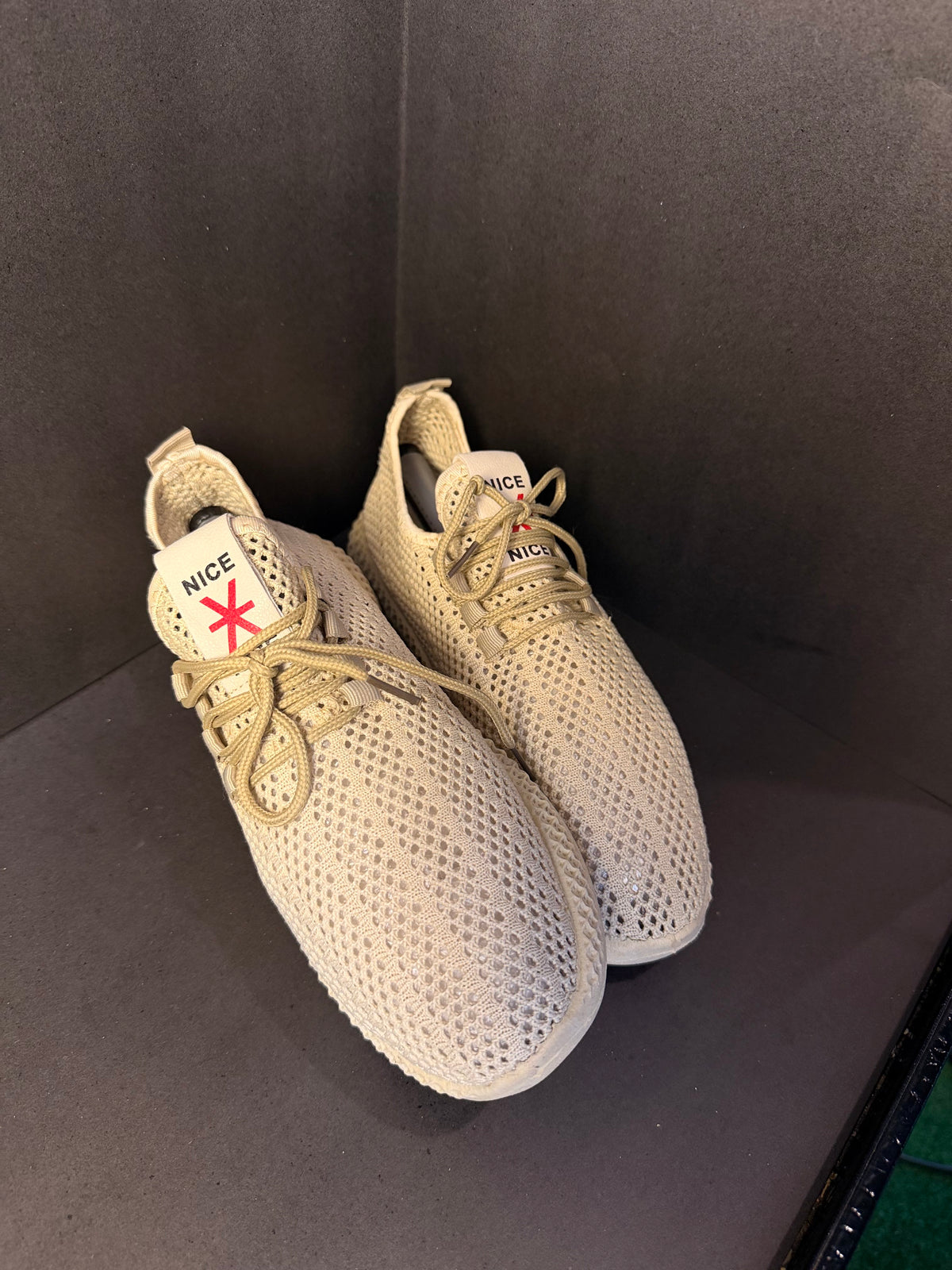 Beige Mesh Lattice-Sole Sneaker