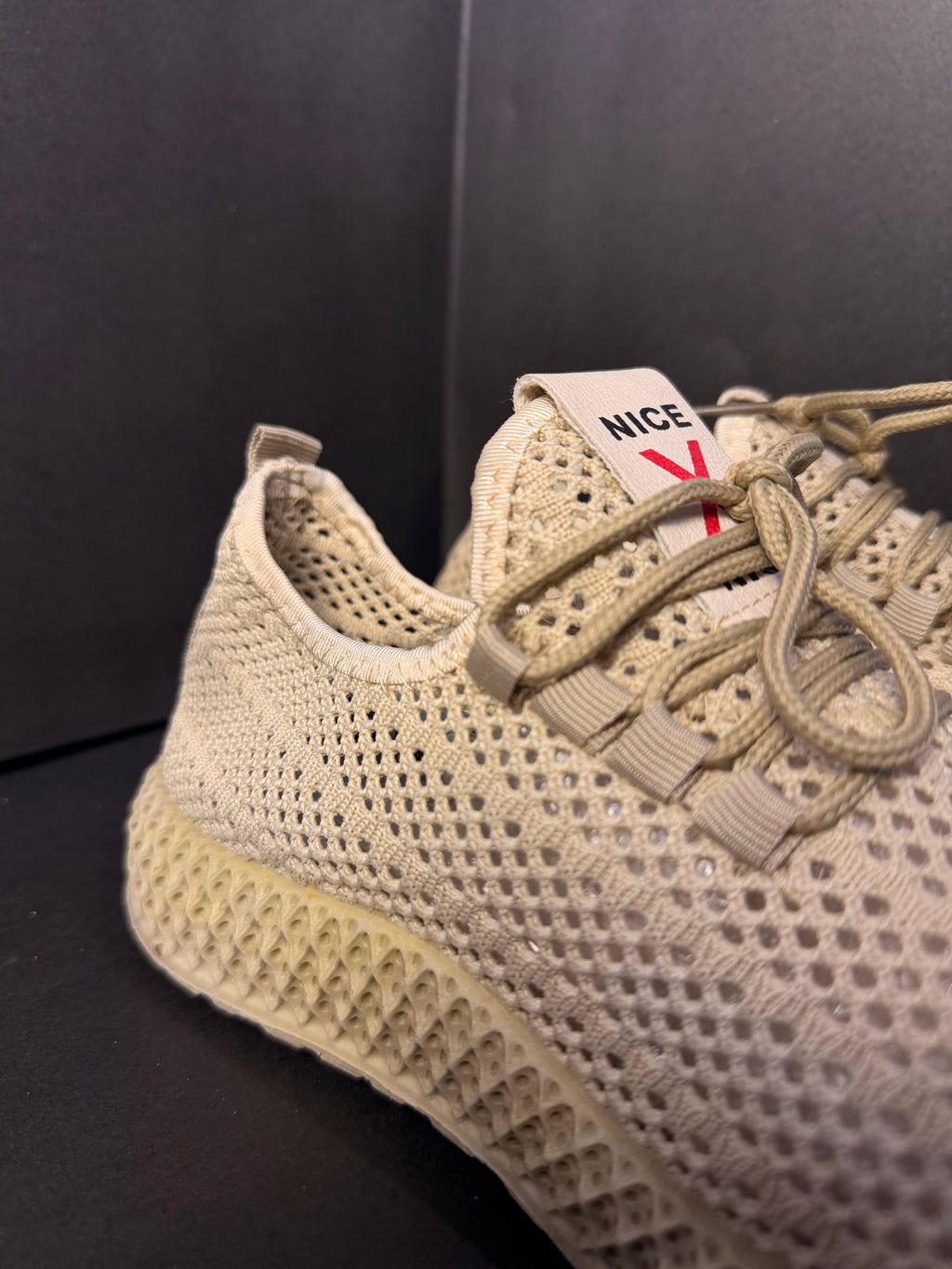 Beige Mesh Lattice-Sole Sneaker